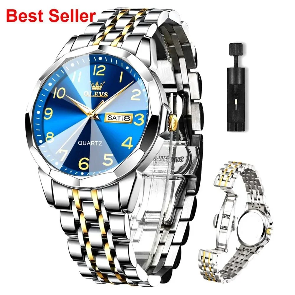 Stainless Steel Analog Quartz Dress Watch with Day Date Waterproof